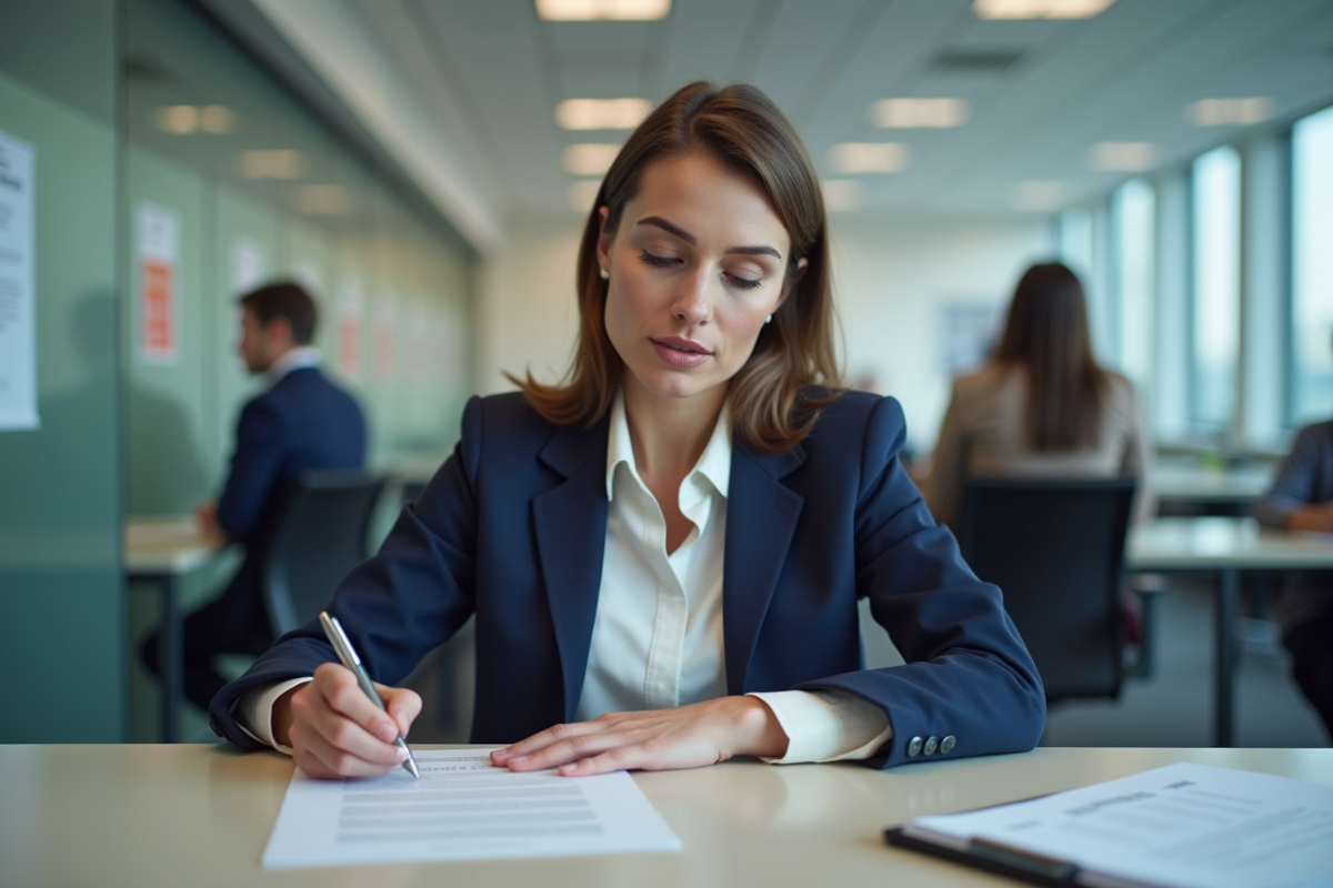 Femme remplissant un formulaire dans un bureau administratif
