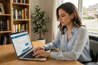 Femme utilisant un calculateur d'assurance voiture en ligne sur un ordinateur portable dans un bureau à domicile