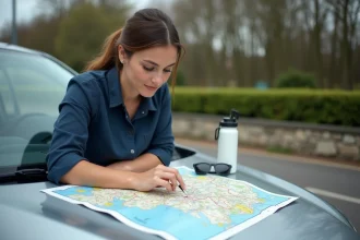 Femme consultant une carte routière autoroutière française appuyée sur sa voiture dans une aire de repos