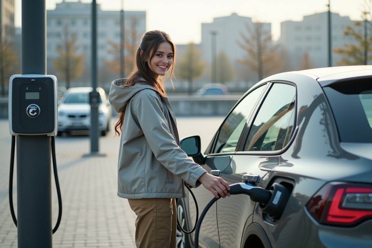 Femme branchant une voiture électrique à une station de recharge urbaine