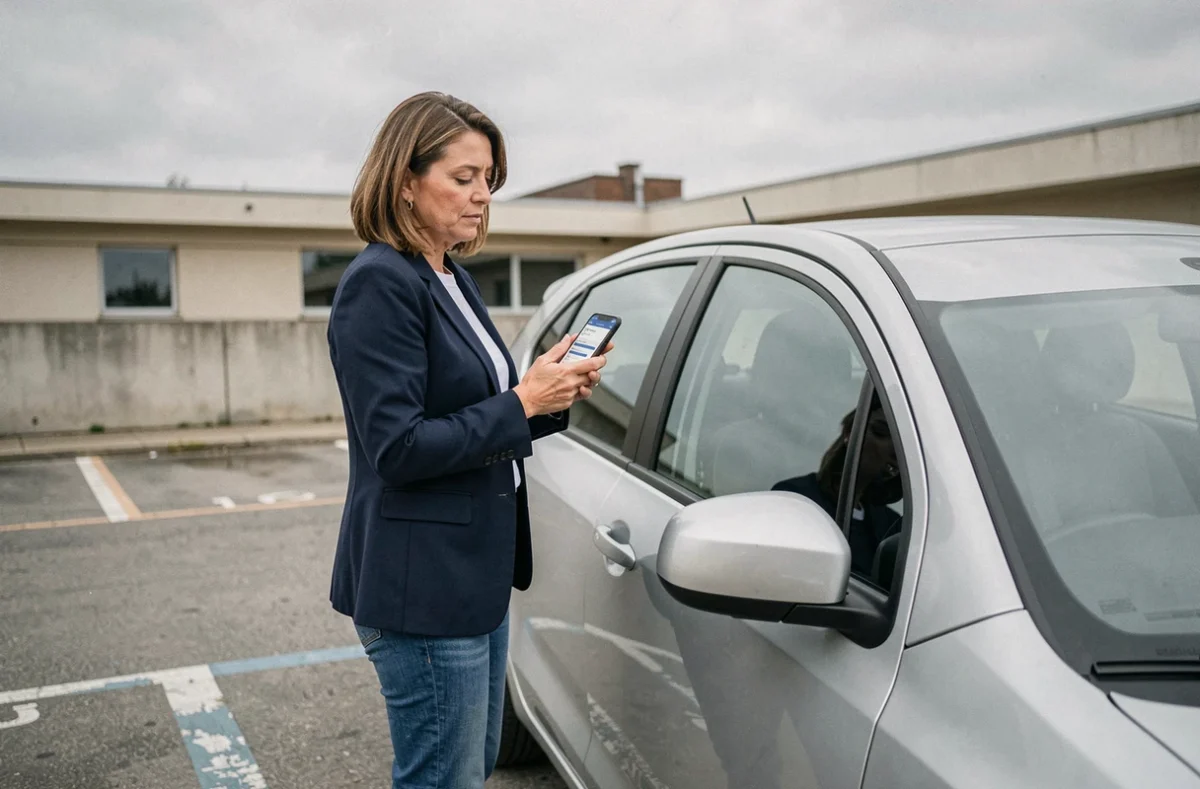 Femme comparant les franchises d'assurance auto sur smartphone devant sa voiture
