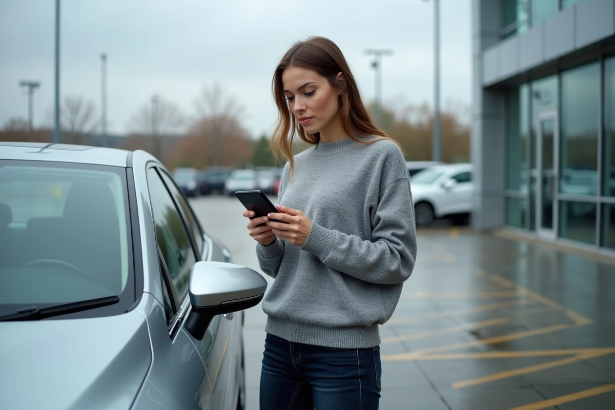 Femme comparant des voitures sur smartphone dans un parking de concession automobile