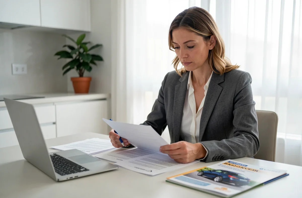 Femme consultant des documents d'assurance automobile avant d'envoyer une lettre de résiliation