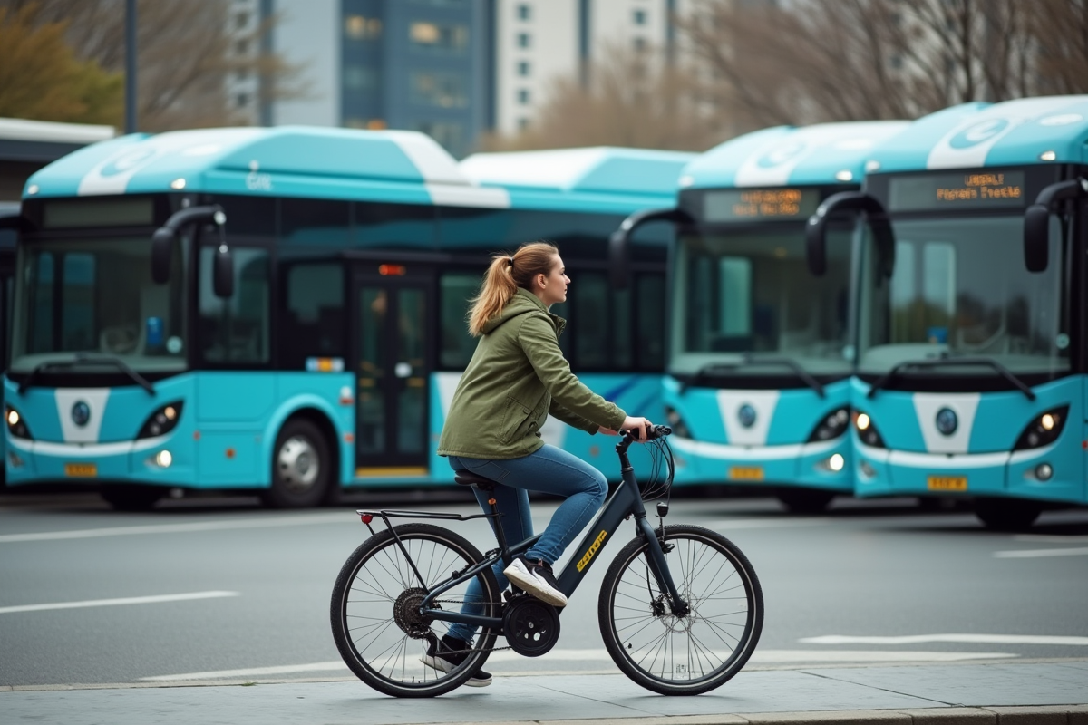 Jeune femme à vélo passant devant bus à hydrogène en ville