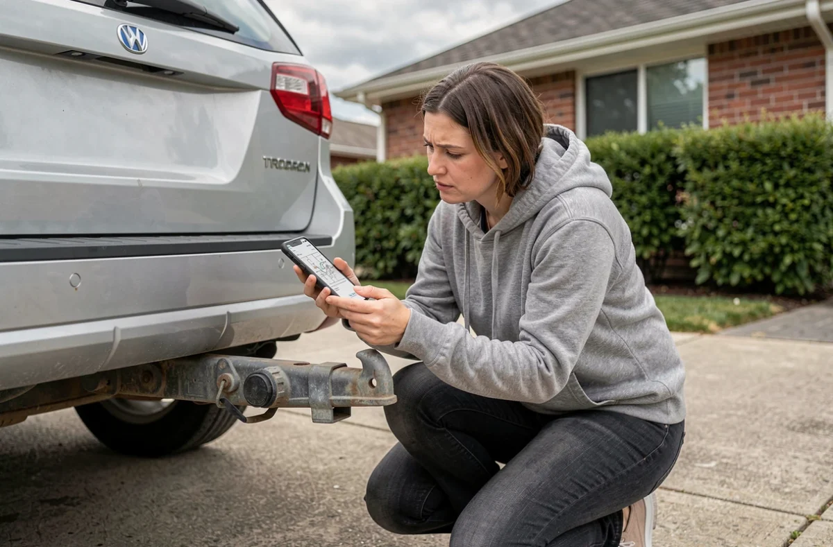 Femme consultant un schéma de prise remorque sur smartphone pour diagnostiquer les feux arrière de son SUV