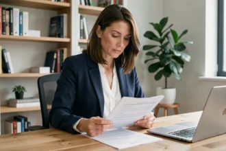 Femme consultant des documents d'assurance auto Suravenir à son bureau à domicile