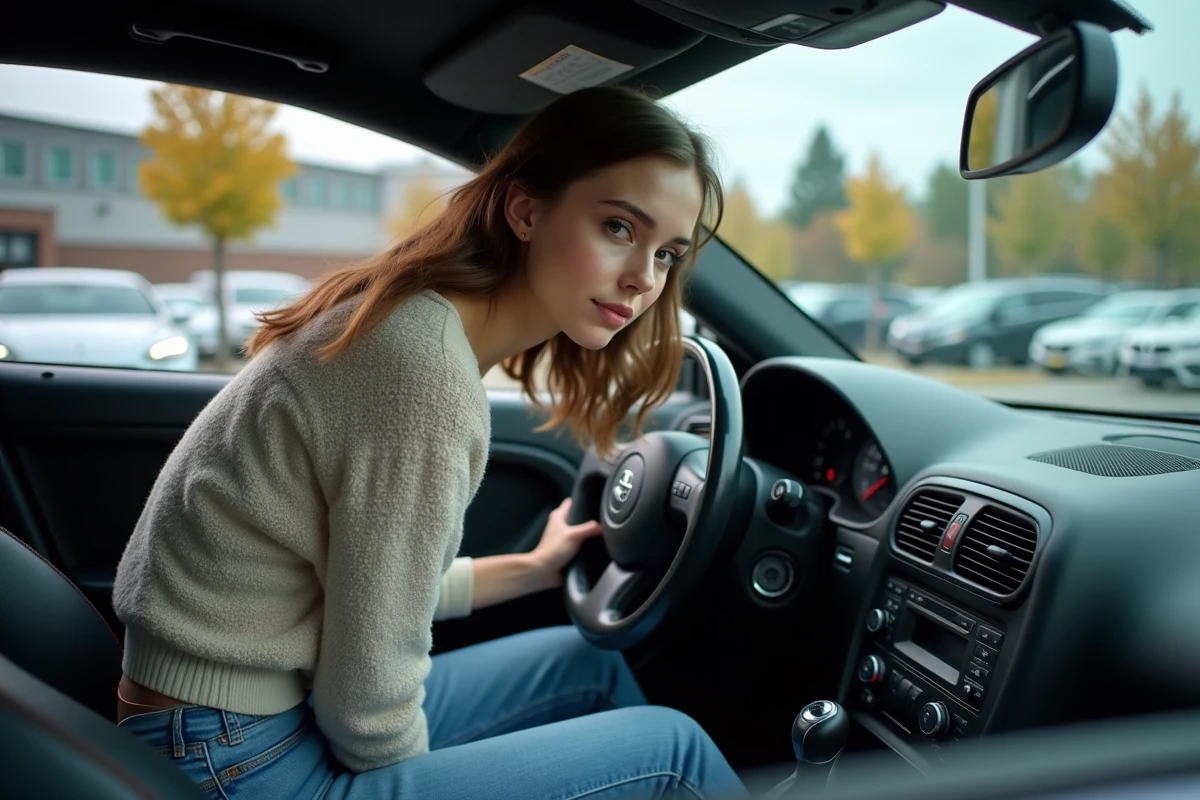 Jeune femme inspecte le tableau de bord d