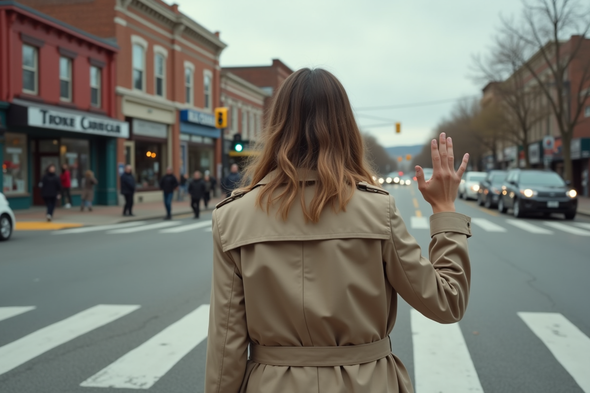 Jeune femme hésitante devant un feu de circulation éteint dans une petite ville