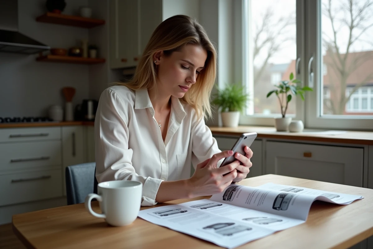 Femme lisant un manuel Renault à la cuisine