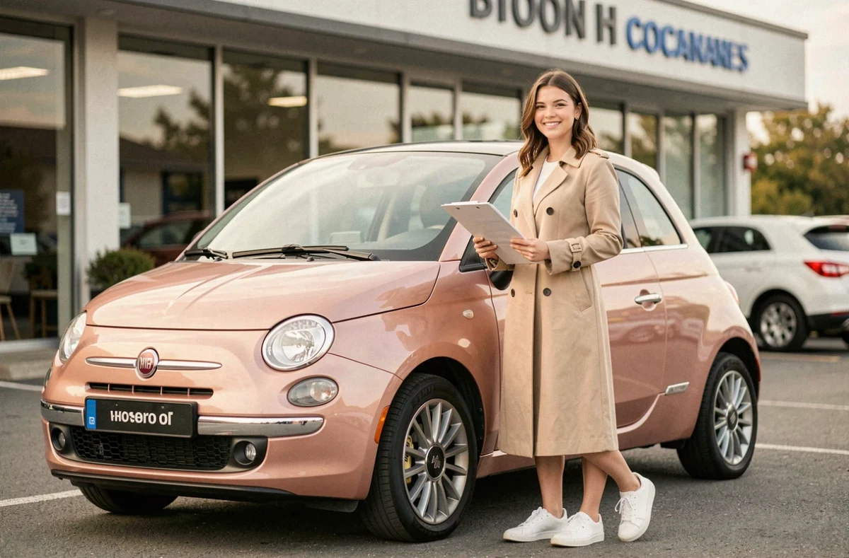 Femme souriante tenant des documents de location devant une Fiat 500 rose gold dans un concessionnaire automobile