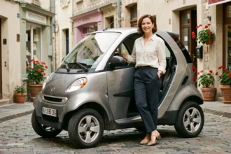 Femme sortant d'une mini voiture sans permis garée dans une rue pavée de ville française