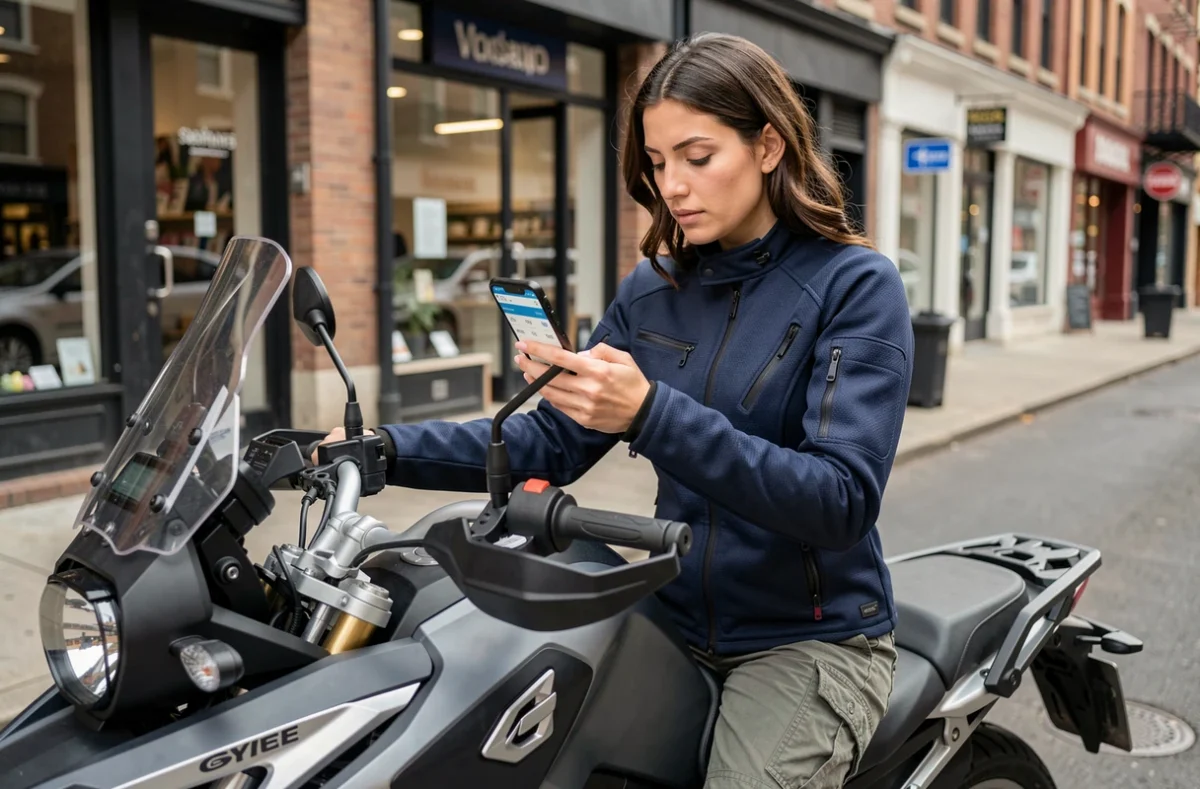 Femme motarde comparant les prix d'assurance moto 650cc sur smartphone en milieu urbain
