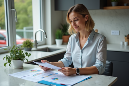 Femme d'âge moyen étudie documents d'assurance voiture à la maison