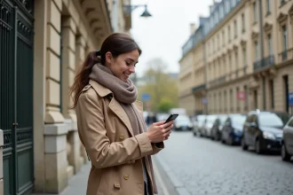 Jeune femme parisienne payant son stationnement avec smartphone
