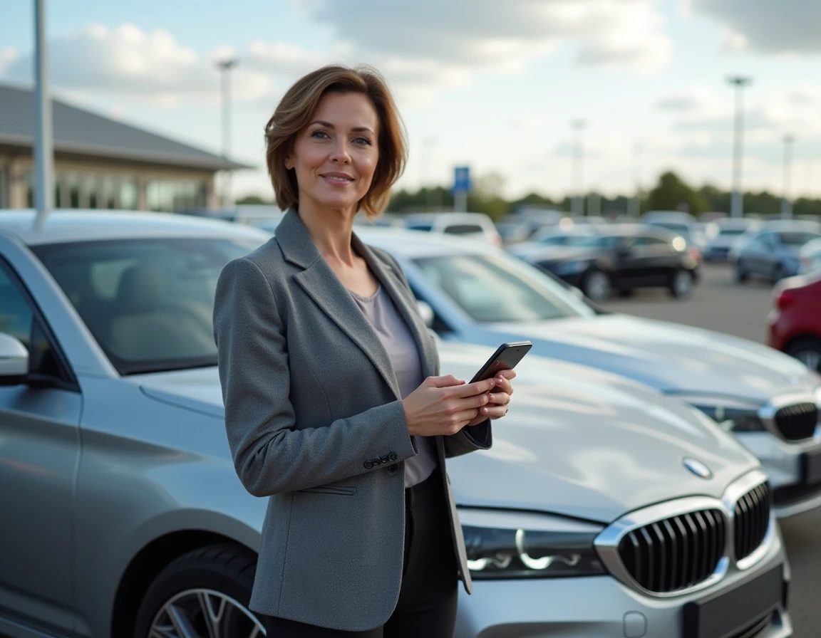 Femme passionnée d'automobile consultant Drive Actu sur smartphone devant une concession automobile