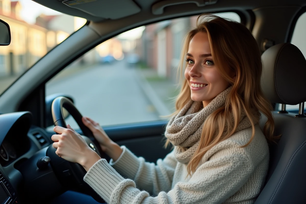 Jeune femme dans la Peugeot 206 en ville lors d