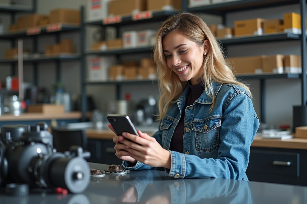 Jeune femme regarde son smartphone avec pièce auto en main