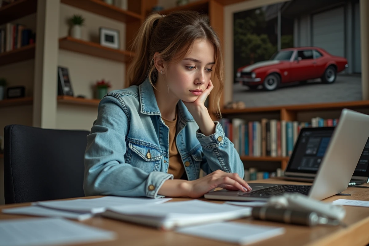 Jeune femme vérifiant un rapport de voiture sur son ordinateur