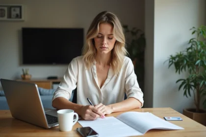 Femme concentrée remplissant des formulaires à domicile