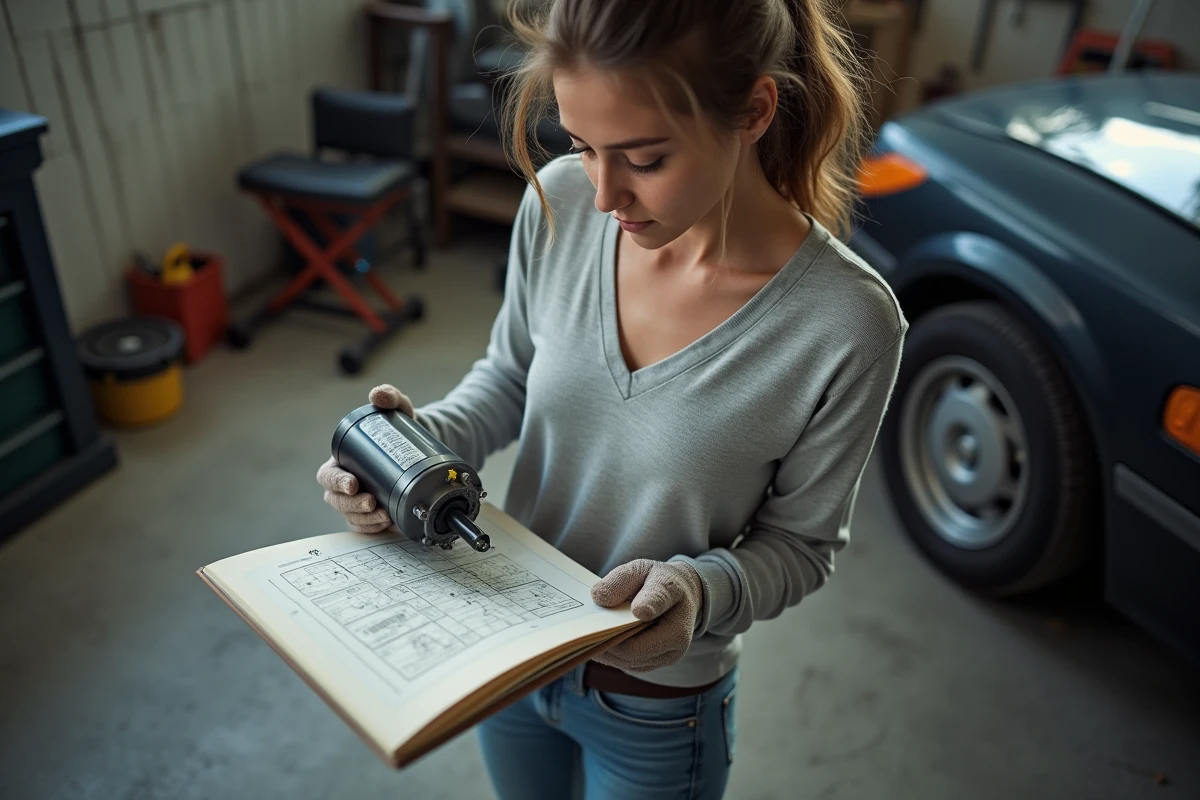 Jeune femme réparant un moteur magnetique dans un garage