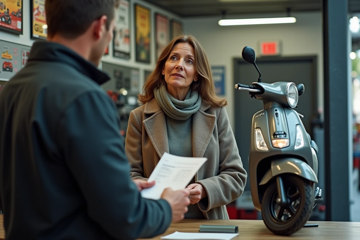 Femme inquiète au comptoir de réparation scooter