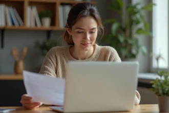 Femme consultant les résultats de son permis de conduire sur un ordinateur portable avec son numéro NEPH imprimé