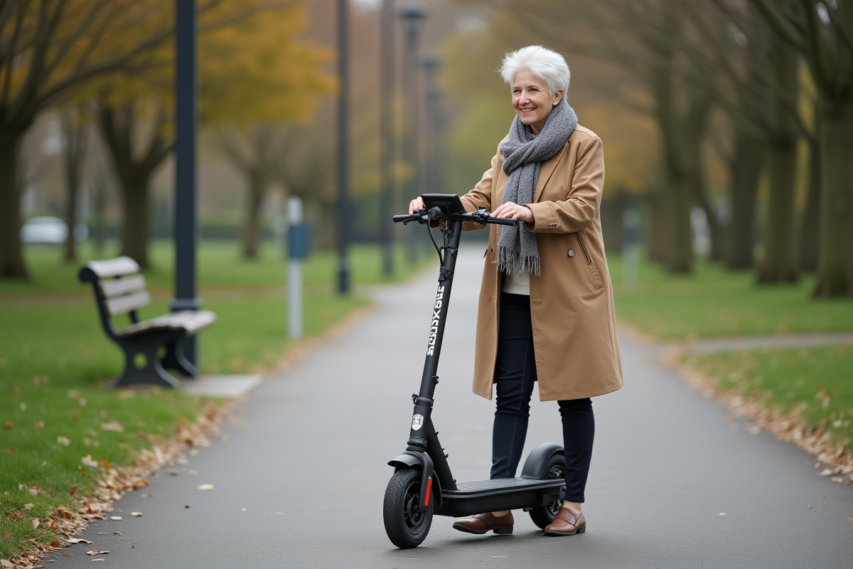Femme avec scooter dans un parc en plein air