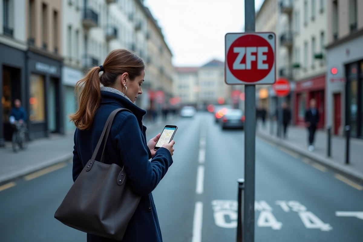 Femme consultant son téléphone devant un panneau de zone à faibles émissions ZFE en ville