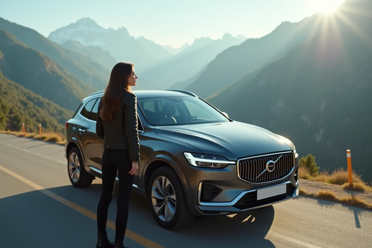 Femme détendue avec SUV en paysage montagne