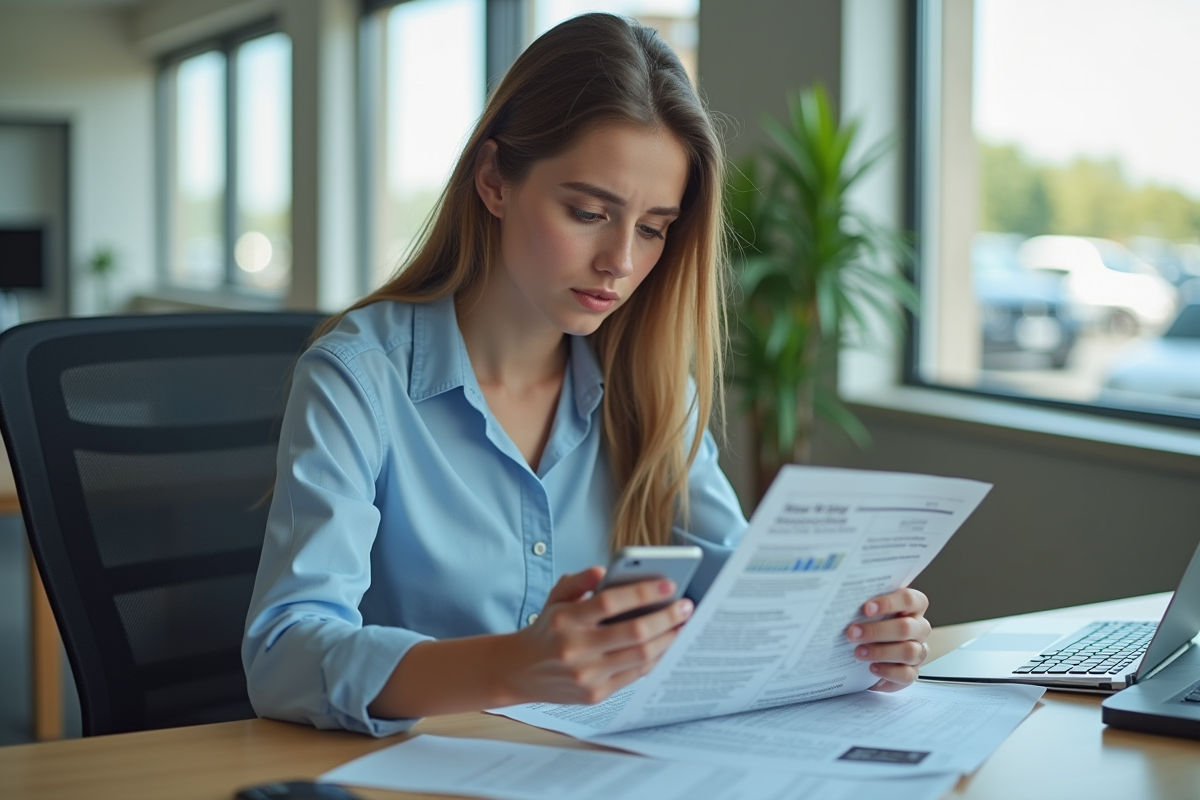 Jeune femme analysant un rapport véhicule dans un bureau moderne