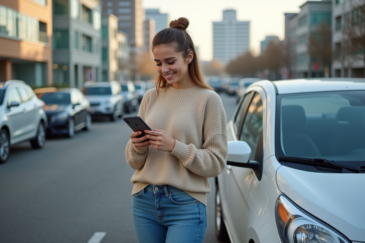 Jeune femme utilisant son smartphone pour vérifier son assurance voiture