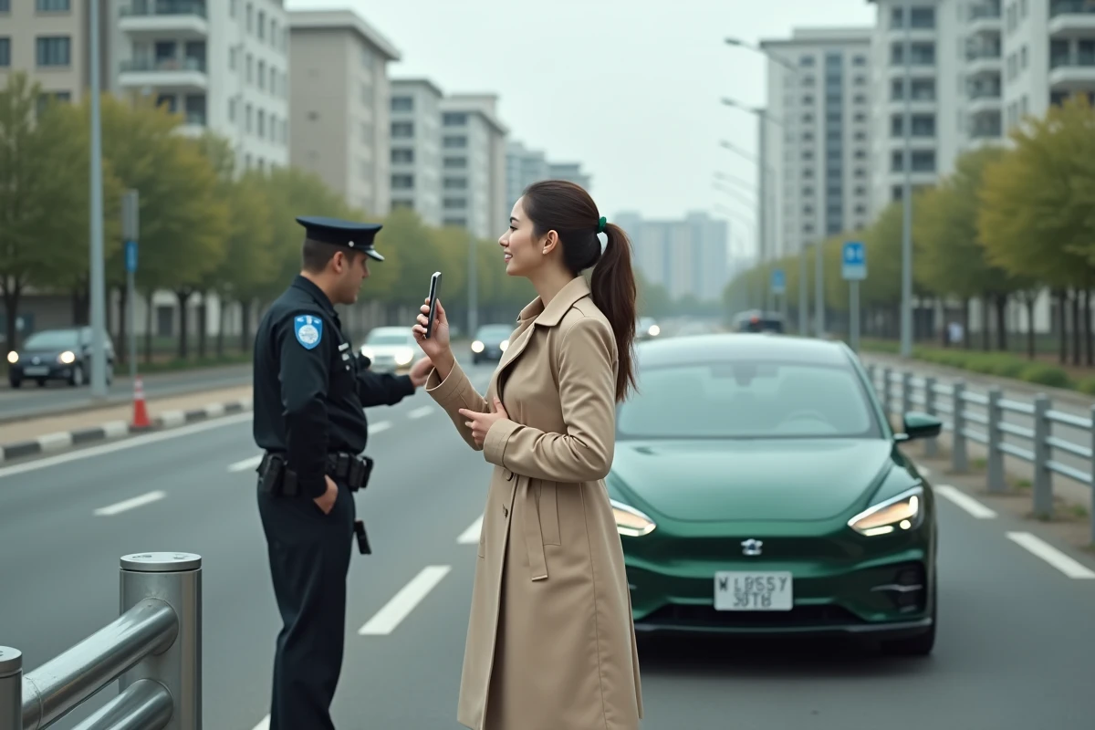 Femme avec trench et smartphone face à un agent de police routière