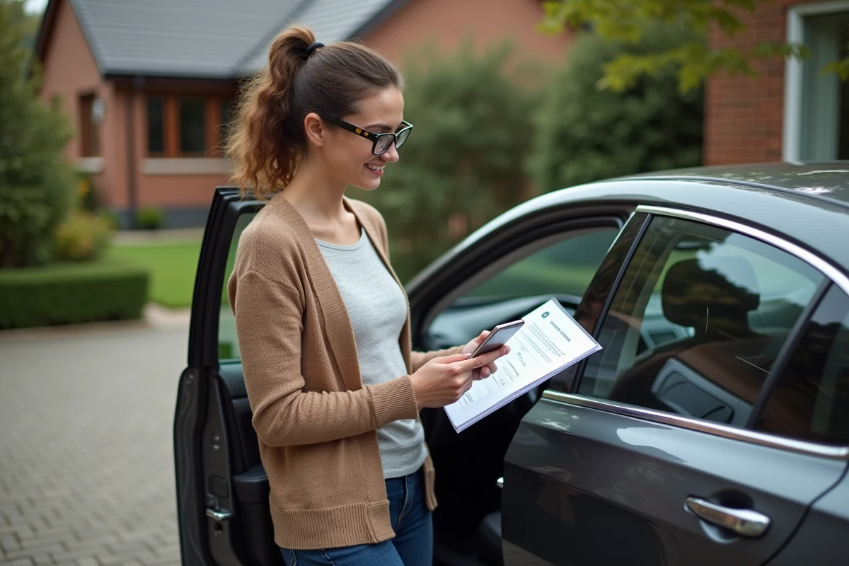 Femme vérifiant le GPS et le manuel dans sa voiture