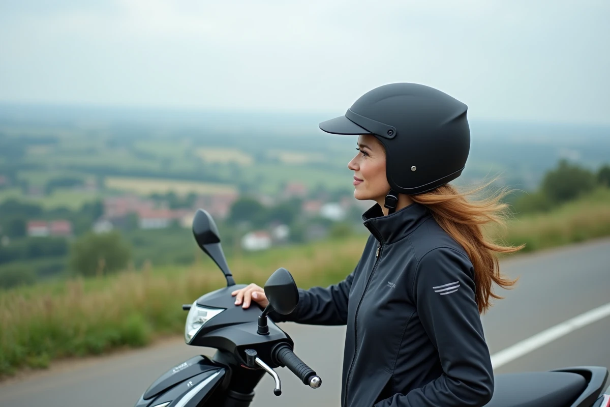 Femme en voyage à côté de son scooter XMAX 125 en montagne