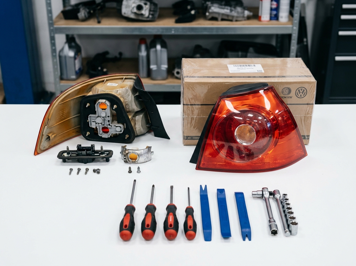 Comparaison entre un feu arrière usagé et un feu arrière neuf pour Volkswagen Golf 5 posés sur un établi d'atelier