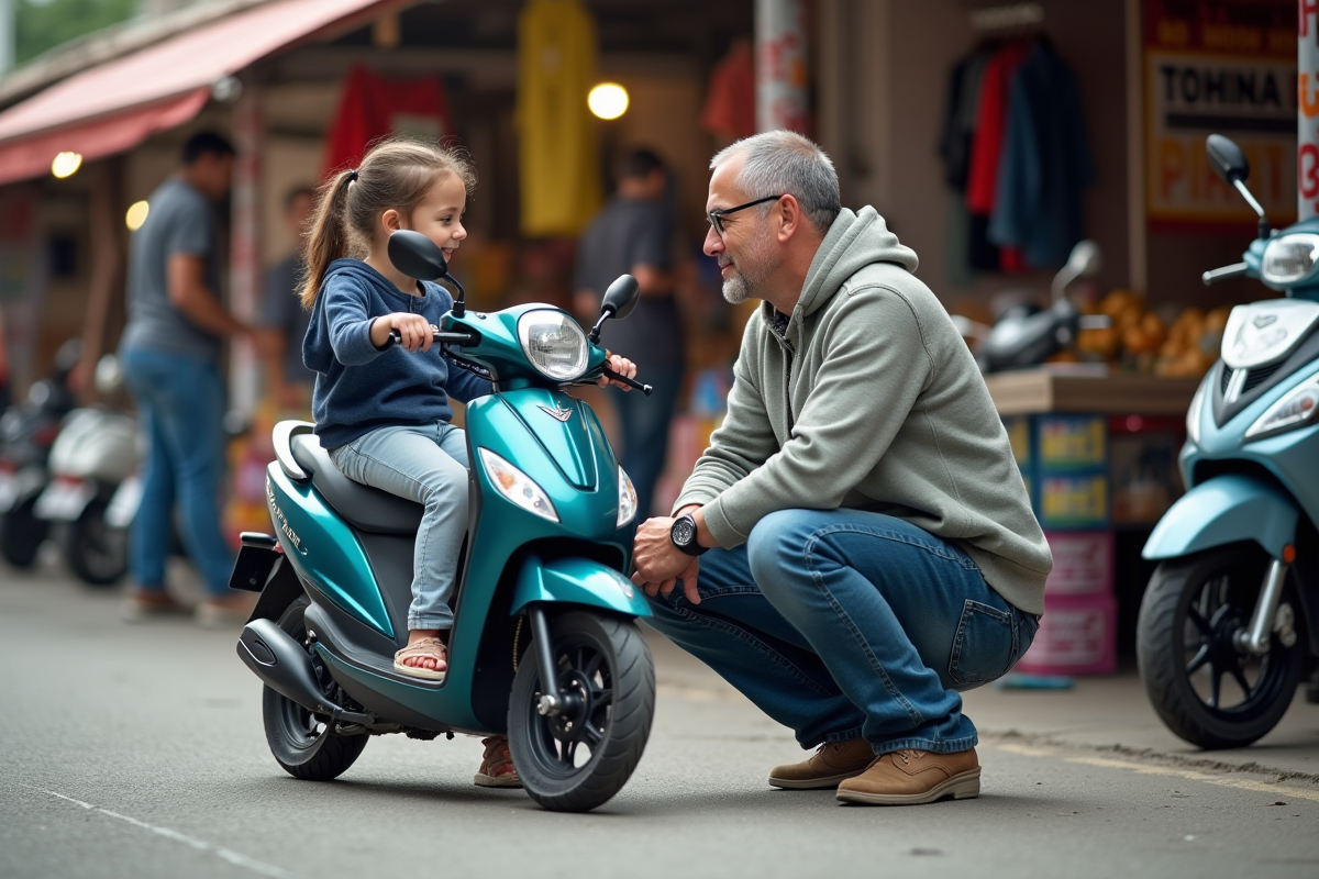 Fille et père avec Yamaha Piwi 50 dans un marché en plein air
