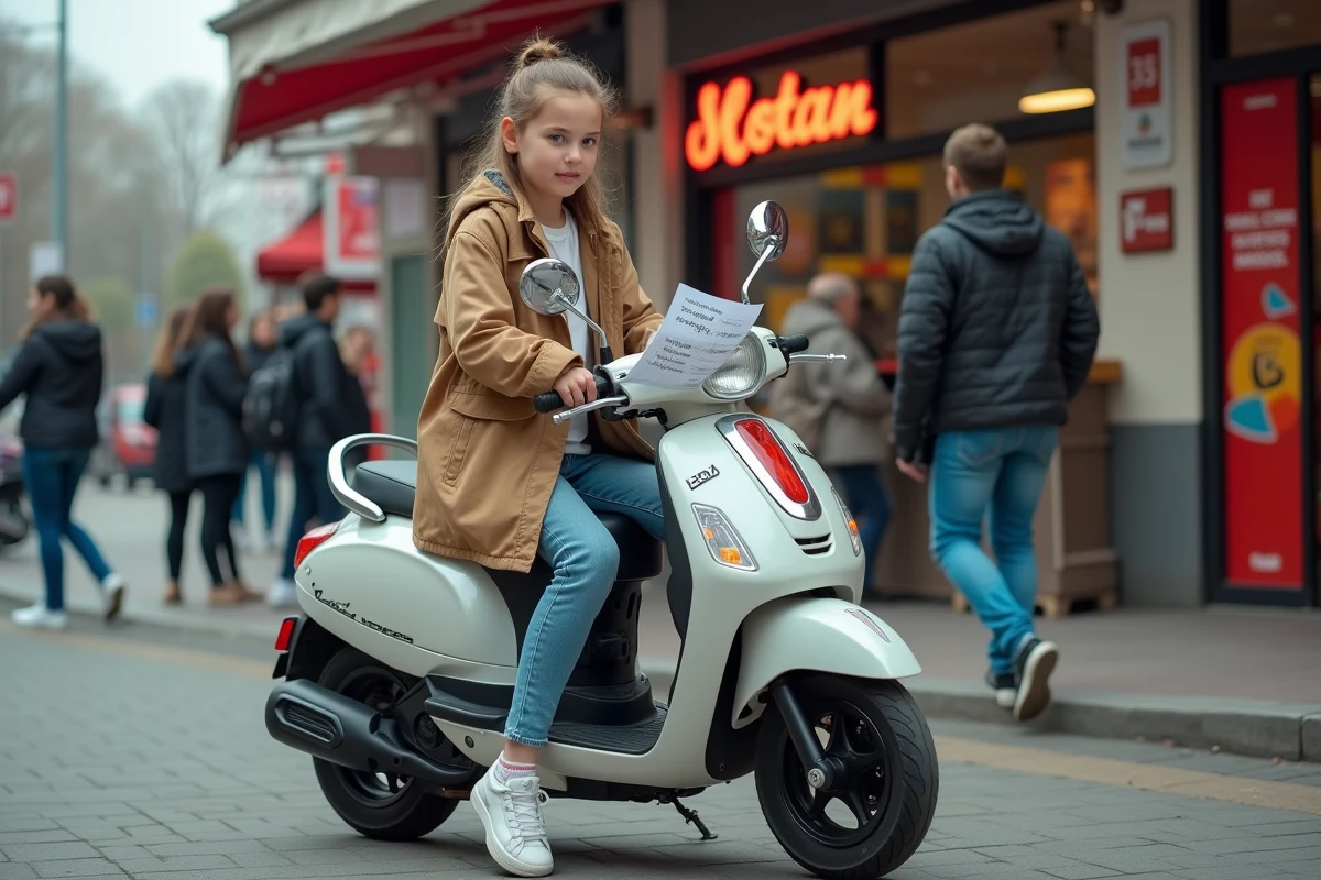 Fille de 14 ans assise sur une moto scooter devant un concessionnaire