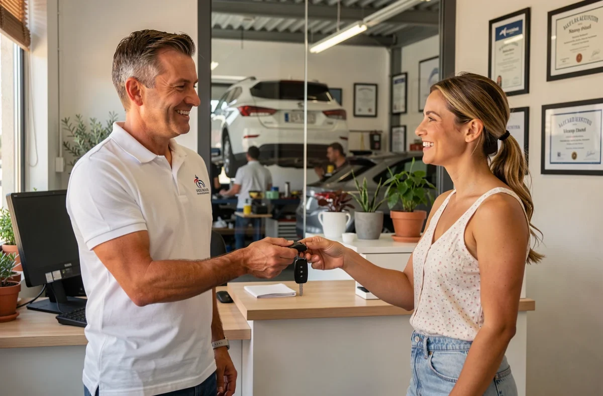 Propriétaire de Fitzailo Auto remettant les clés à une cliente satisfaite dans la réception du garage des Alpes-Maritimes
