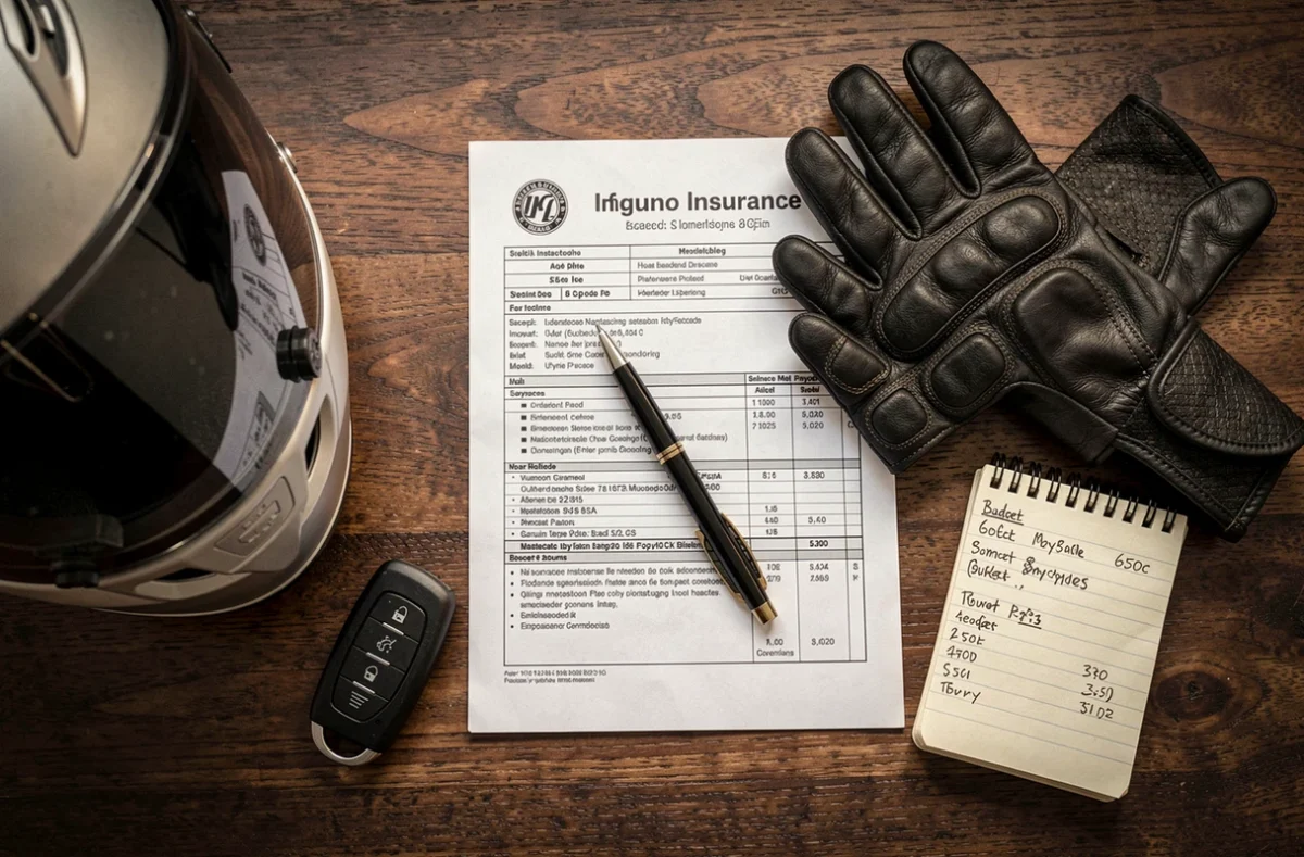 Pose à plat d'équipement moto et documents d'assurance 650cc sur bureau en bois foncé