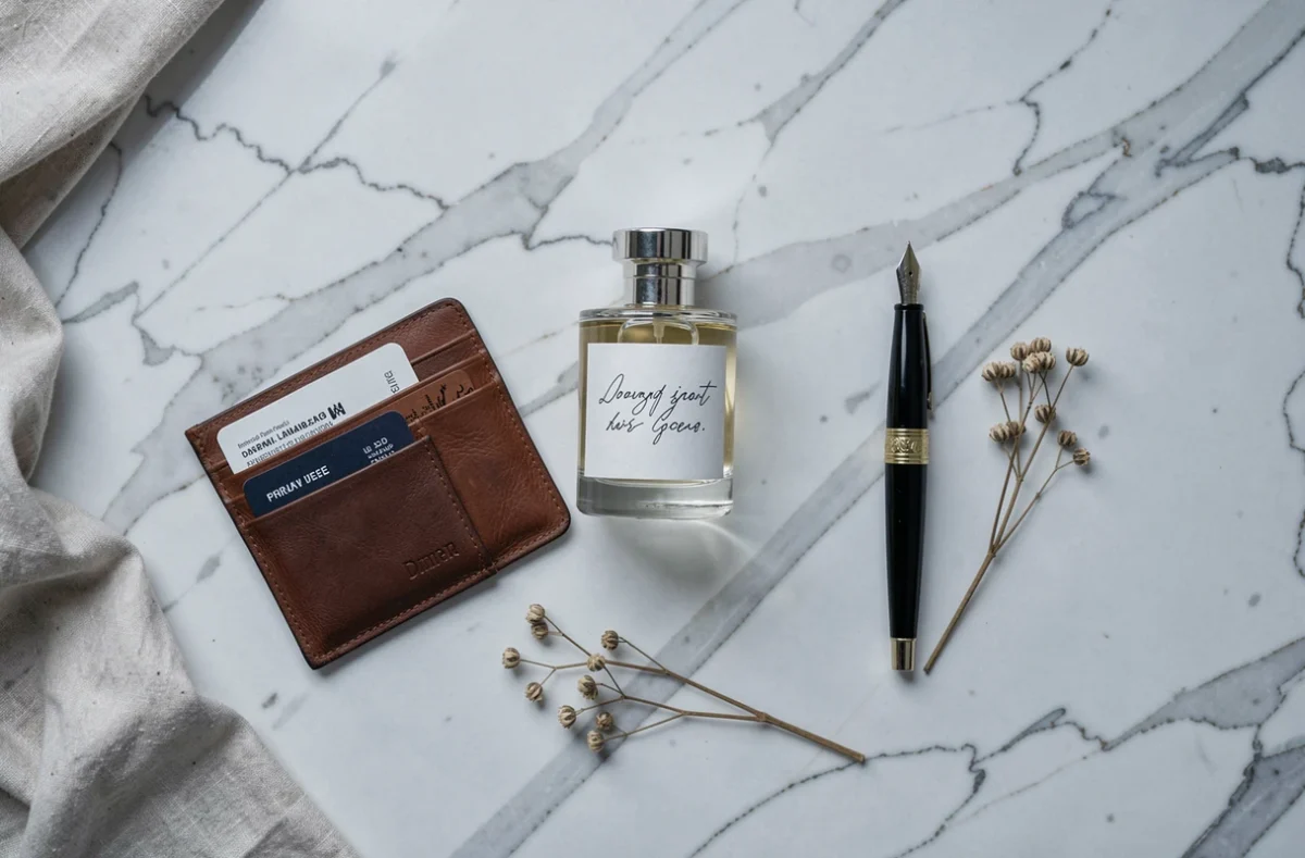 Flat lay élégant d'un parfum personnalisé, cartes de visite et accessoires de bureau sur marbre, illustrant le concept de signature olfactive comme identité personnelle et professionnelle