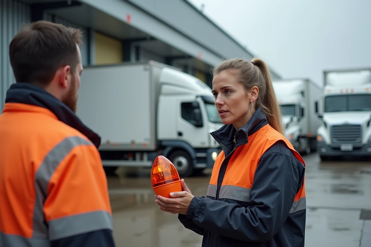 Responsable sécurité de flotte expliquant l'utilisation de la balise V-16 à des chauffeurs lors d'une formation en entreprise