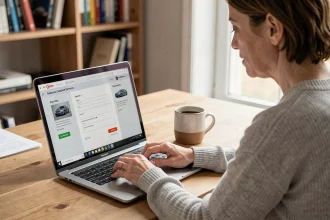 Femme utilisant un ordinateur portable pour soumettre une demande au service après-vente Peugeot en ligne depuis son bureau à domicile