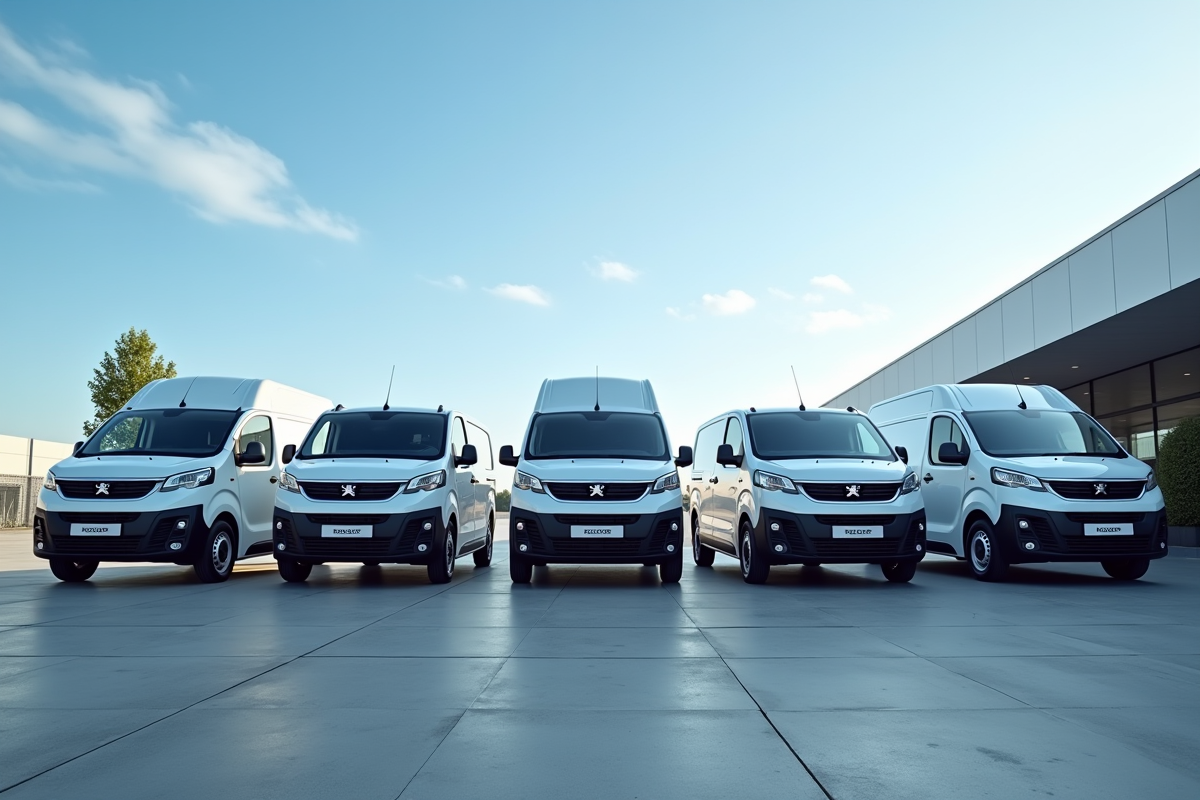 Plusieurs fourgons cargo dont Peugeot Expert en rangée