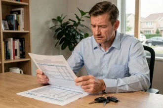 Homme consultant un document de franchise d'assurance auto à son bureau avec des clés de voiture posées à côté