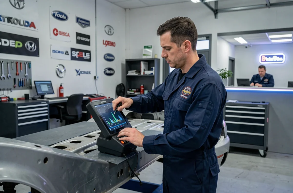 Mécanicien multimarque du Garage Adragna Auto Service effectuant un diagnostic électronique sur un véhicule soulevé à Vitrolles