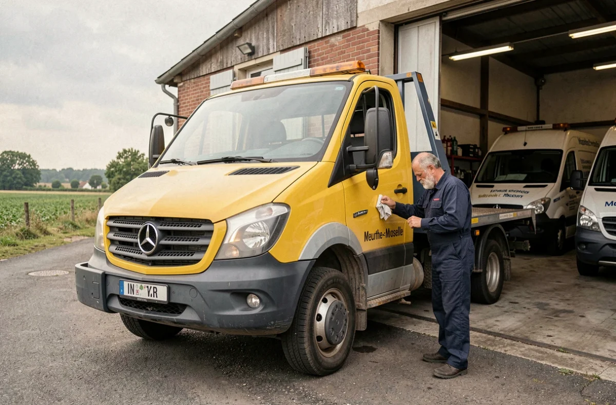 Camion dépanneuse et mécanicien devant le Garage Berleux spécialisé en dépannage et utilitaires en Meurthe-et-Moselle