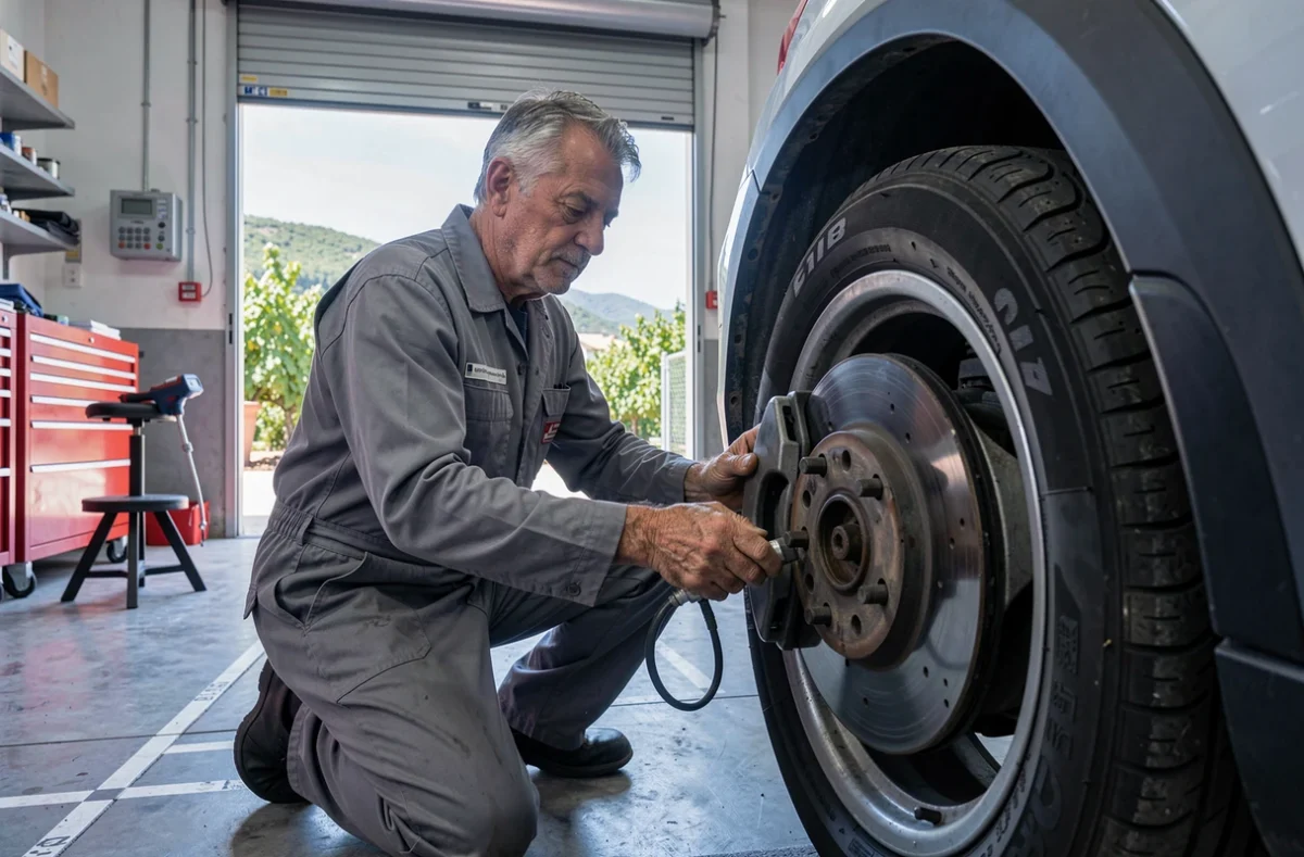 Mécanicien du Garage de la Bouverie remplaçant un disque de frein sur un SUV compact à Roquebrune-sur-Argens