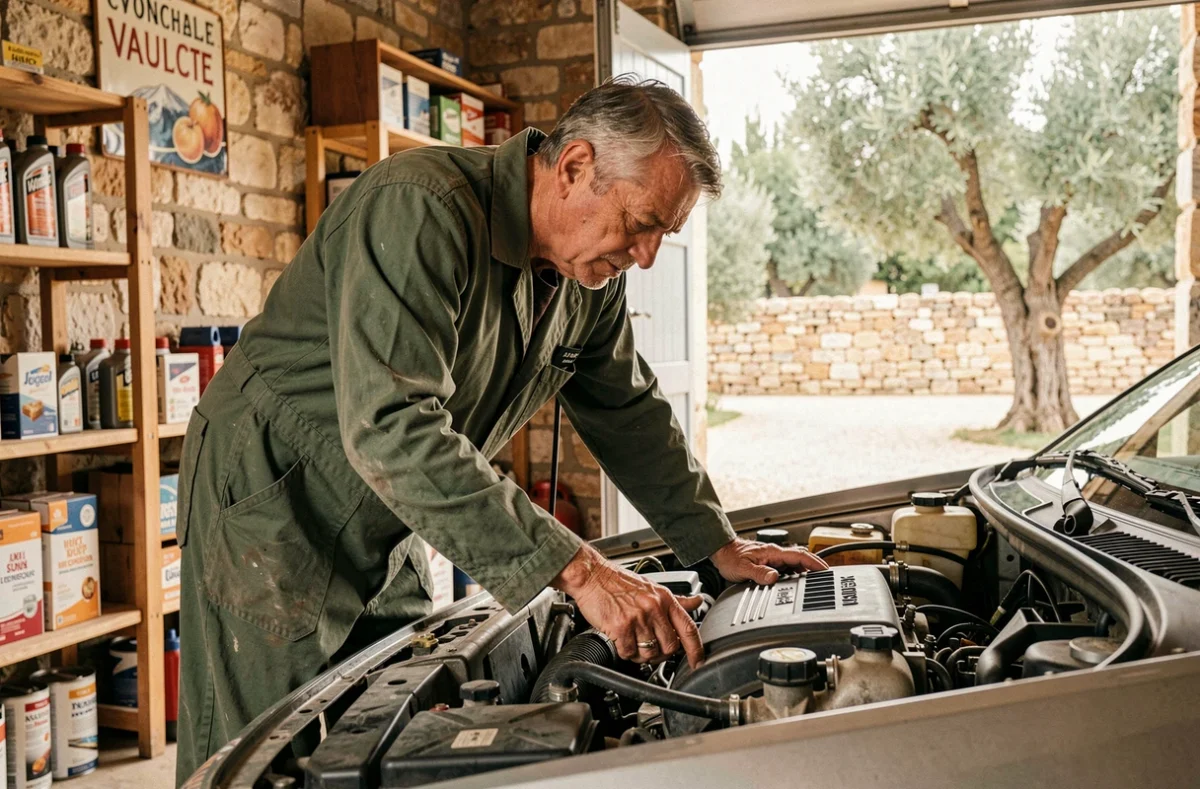 Mécanicien spécialiste de l'entretien au Garage des Fontaines dans le Vaucluse inspectant un moteur dans un cadre provençal authentique