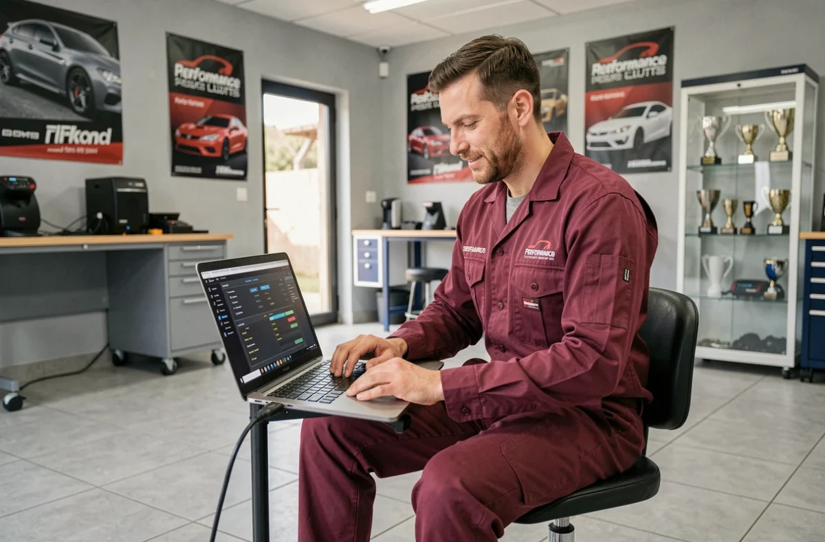 Mécanicien spécialisé de Flavmotor utilisant un diagnostic informatique sur une voiture de sport en Provence
