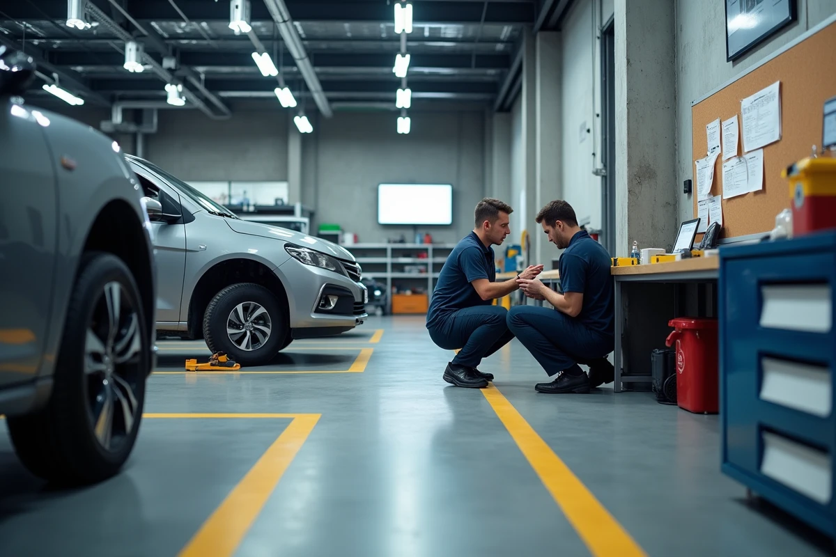 Vue d'ensemble d'un garage automobile organisé avec des mécaniciens utilisant des méthodes de documentation structurée